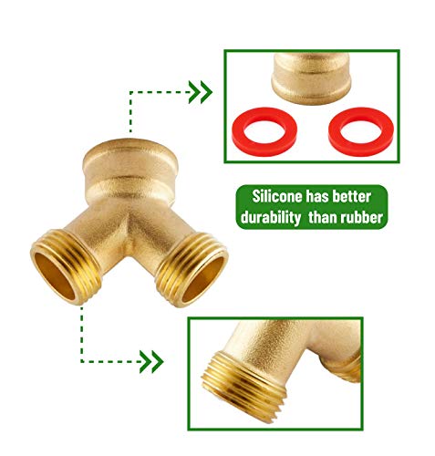 Litorange (2 Pack) Solid Brass Lead-Free Body Backyard 2 Way Y Valve Garden Hose Connector Mht 3/4" Inch Thread Splitter Adapter + 4 Silicone Hose Washers #TOP1