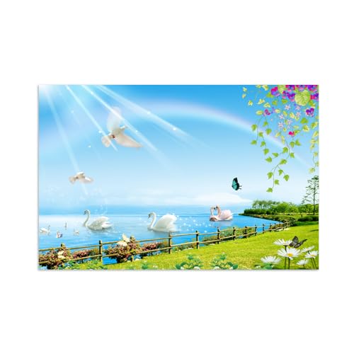 Impression sur toile de paysage de lac et prairie fleurs sans cadre 120x80cm