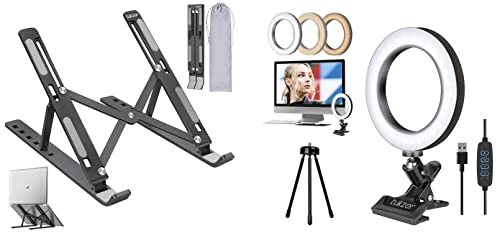 Image of Tukzer 8-Inch LED USB Selfie Ring Light with Clamp Mount, 3 Light Modes & 10 Level Brightness & (Imported) Laptop Stand Notebook Riser, 6 Level Height Angle Adjustment