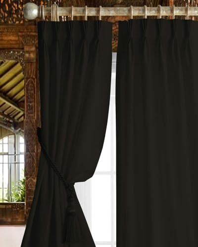 Image of Triple Pinch Pleated Blackout Curtains Thermal Insulated Room Darkening Curtains for Bedroom /Livingroom Pack of 2 Panels, Tiebacks, Hooks (Black)