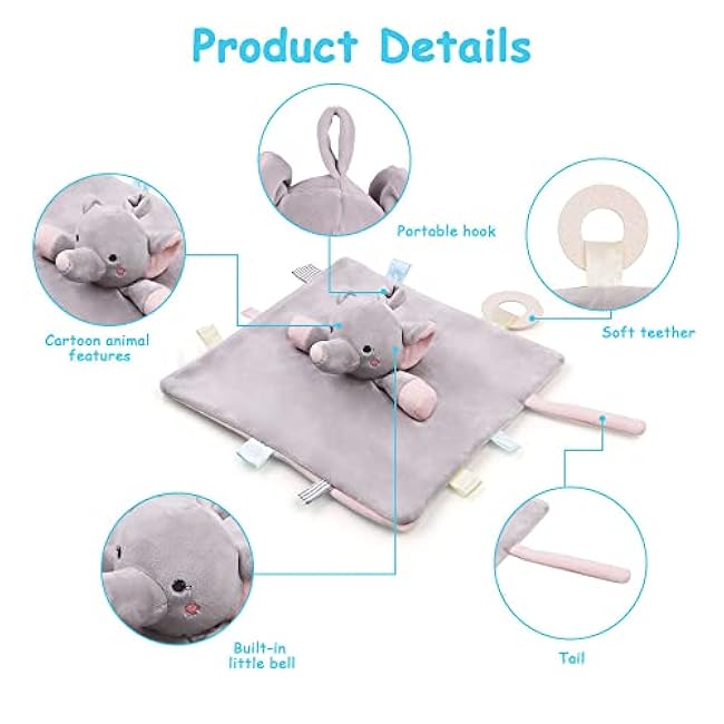 Vicloon Elephant Baby Security Blanket, Plush Baby Security Blanket with Tags&Teether, Babies Security Blanket for Boys&Girls, Security Blanket Hang on Nursery Strollers, Cribs, Car Seats(Grey)