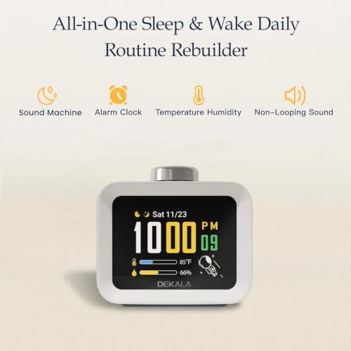 Dekala Alarm Clock for Bedrooms, 4 Alarms, 7-Day Programmable Loud Digital Clock for Heavy Sleepers with White Noise, Temperature & Humidity Display, IPS Animated Screen, Hourly Chime, White - Image 2