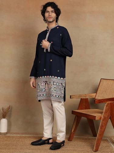 Image of Amazon Brand - Tavasya Men Printed Kurta with Ethnic Motif Border | Special Haldi Kurta | Festive Embellished Long Kurta | Embroidery Kurta | Ethnic Wear | Mandarin Collar | Knee Length
