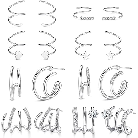 Sanfenly 8Pairs Double Hoop Earrings Claw Earrings Cuff for Women Spiral Twisted Hoop Earrings Huggie Climber Wrap Cuff Piercing Studs Cartilage Ear Piercing Cover