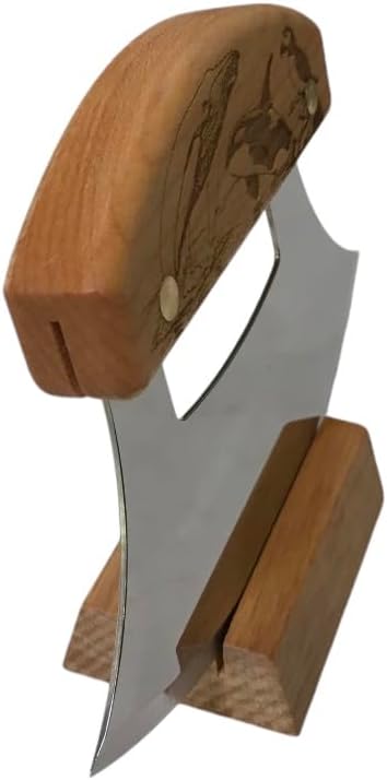 The Ulu Factory Alaskan Birch Wood Ulu Mezzaluna Knife and Bowl Set Ocean Collage Humpback Puffin Orca Whale