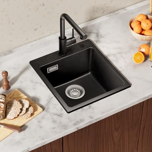 Miniatura 2 de Cecipa Fregadero De Granito Negro De 40 X 45 Cm, Negro, Rectangular, Moderno Fregadero De Granito, Fregadero De Cocina Pequeño, Fregadero Individual Con 2 Agujeros Para Grifo, 1 Lavabo