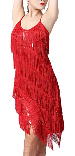 Image of Women 1920s Gatsby Flapper Dress Sexy Open Back Strap Fringed Cocktail Party Dress with 20s Accessories