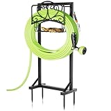 HXJLJY Stable Garden Hose Holder with Storage Basket and Tool Hooks, Heavy-Duty Garden Hose Storage Metal Hose Hanger Holds 160Ft, Rustproof Freestanding Water Hose Holder for Outside,Yard,Lawn,Farm