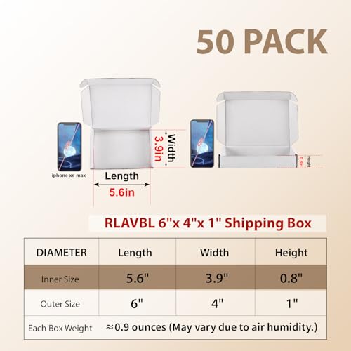 Image of RLAVBL 6x4x1 Shipping Boxes Set of 50, White Corrugated Cardboard Box for Packing, Mailing, Business