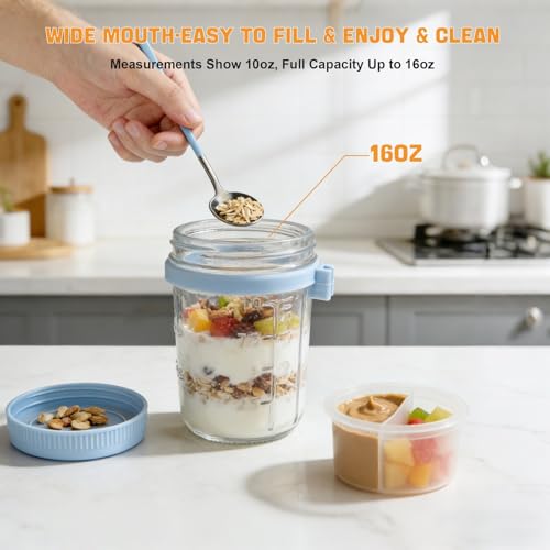 Image of Overnight Oats Containers with Lids and Spoons - 4 Pack 16 oz Glass Mason Jars with Separate Compartments Airtight Overnight Oat Jars Leakproof Yogurt Parfait Cup for Oatmeal Chia Pudding Cereal Salad