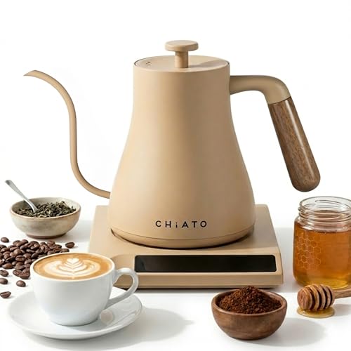 CHiATO flowPLAY Schwanenhals Wasserkocher 0 6L Gooseneck Kettle Elektrisch für Pour Over Kaffee Barista Wasserkocher mit Temperatur Einstellung Edelstahl (Beige)