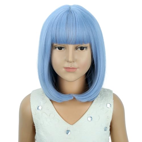 Image of PATTNIUM Light Blue Bob Wig for Kids Girls Short Blue Straight Wig with Bangs Cosplay Party Synthetic Rose Net Daily Wear Wig