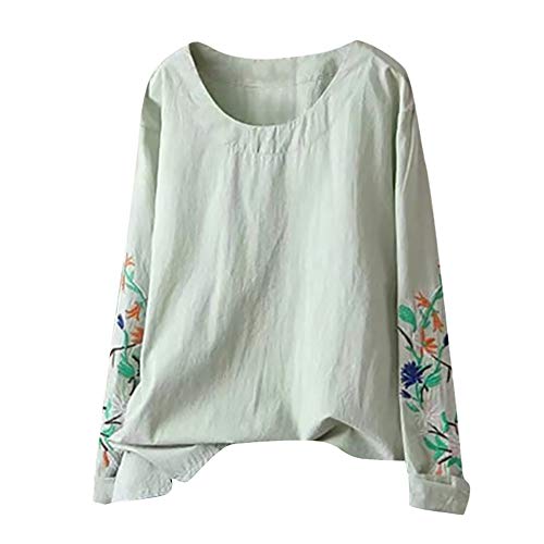 Hevoiok Herbst Winter Leinen Langarmshirt Damen Fashion Pullover Stickerei Locker O-Ausschnitt Lange Shirt Fraun Oberteile Tops (Grün, 2XL) Cover