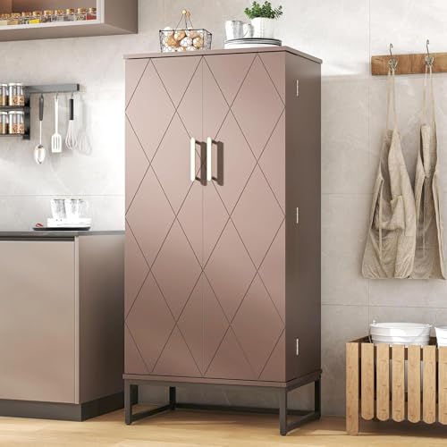 kepptory 51” Kitchen Pantry Storage Cabinet, White Freestanding Pantry Cabinets with Doors and Adjustable Shelves, Buffet Cupboards Storage Cabinet for Home Office Use, Dinning Room(Brown)