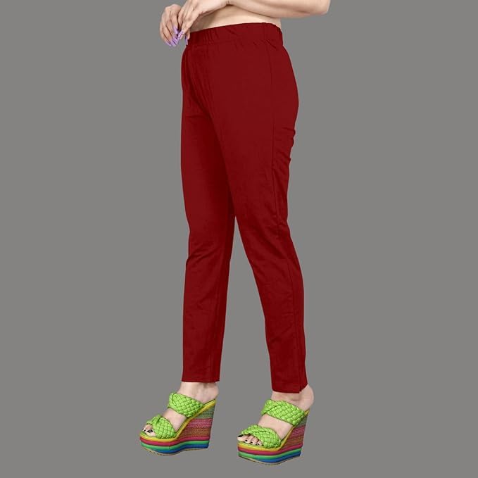 Image of Women's Solid Cotton Lycra Pants-High Waist Slim Fit Stretchable Leggings - Comfortable Long Trousers for Casual, Office & Everyday Wear