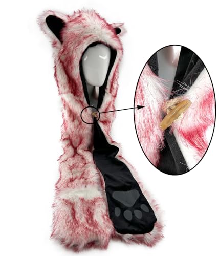 FHQHTH Faux Fur Animal Hood 3 in 1 Scarf Gloves Hat with Paws and Ears for Women Furry Wolf Cosplay Costume3