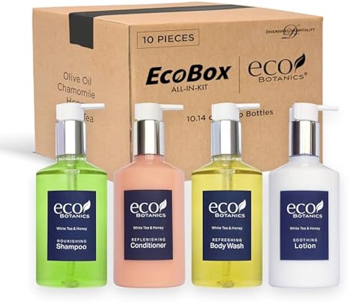 1-Shoppe Eco Botanics 10 Piece Ecobox All-In-Kit | White Tea and Honey Soap | 3 Shampoo, 2 Conditioner, 3 Body Wash & 2 Lotion | 10.14oz Hotel Soaps and Toiletries Bulk | Personal Care Products