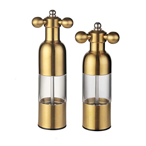 NJZYB Salz- und Pfeffermühle, manueller Edelstahl-Wasserhahn, Salzstreuer, Mühle mit Griff, nachfüllbar, verstellbare Grobheit, für Zuhause, Restaurant, Grill, Gold, 2 Stück