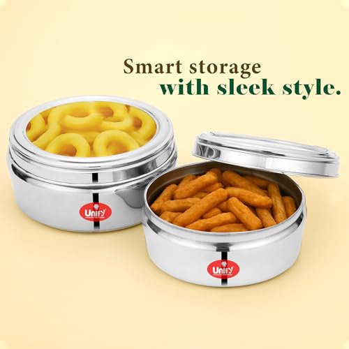 Image of Unify 2 Pieces Stainless Steel Flat Storage Container Set with See-Through Lid | (1 Ltr & 1.2 Ltr) | Puri Dabba | Airtight Multipurpose Kitchen Canisters