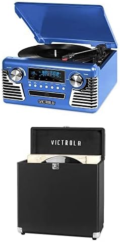 Victrola 3-speed turntable with bluetooth and blue vinyl storage case