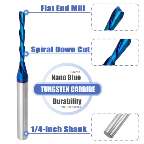 Image of Mesee 2 Flute Spiral Dowcut Router Bit 1 /4 Inch Shank Flat Nose End Mill CNC Router Bit Nano Blue Coat Carbide Milling Cutter for Wood Mortises Carving Engraving - 1 inch Cutting Length, 1 /8 inch Cutting Dia