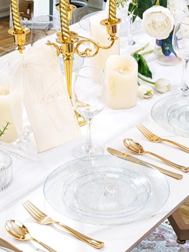 Image of WDF 200PCS Blue Plastic Plates - Blue Glitter Plastic Plates - Heavy Duty Disposable Plates - Include 100 Dinner Plates 10 inch and 100 Dessert Plates 7 inch for Parties /Wedding /Birthday