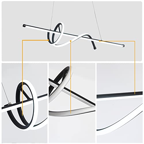 Modern Led Pendant Lighting,Led Chandelier Linear Wave Light Fixture,24W Led Hanging Light Fixture For Dining Room Kitchen Island Breakfast Area Living Room,Cool White 6000K Black #TOP4
