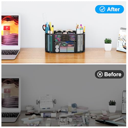 EasyPAG Mesh Pen Holder Desk Organizer with Drawer Stationery Supplies Organizer for Dorm School 9 Compartments Workspace Desk Accessories Organization for Office, Black