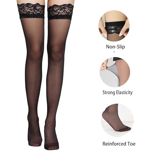 Thigh high stockings, Antiskid Silicone Lace Nylon Stay Up Semi Sheer Pantyhose for Women3