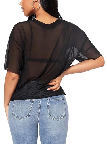 Remidoo Womens Sheer Mesh Tops Short Sleeve Crop Top Crewneck Loose T Shirt2