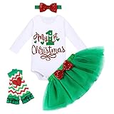 FYMNSI Neugeborenes Baby Mädchen Mein Erstes Weihnachtsoutfit Weihnachten Party Kleidung Baumwolle Langarm Strampler Bodysuit Prinzessin Tütü Tüll Rock Beinwärmer Stirnband 4tlg Set Grün 0-3 Monate