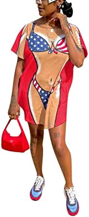 Elainone Women’s Summer Casual Crew Neck Loose Short Dress Sexy Fashion 2023 Print Beach Vacation T Shirt Swing Dress