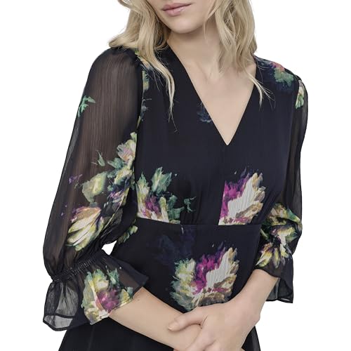 Image of DKNY Women's V-Neck Balloon Sleeve with Ruffle Hem
