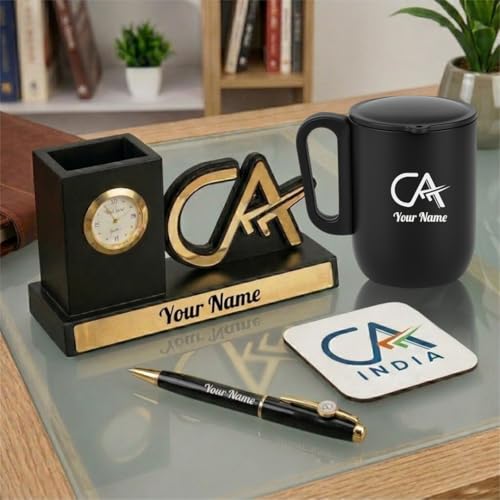 Image of Giftana Personalized 4 in 1 CA Desk Organizer Gift Set (Black) | Employee Welcome Kit, Corporate Gift for Employees