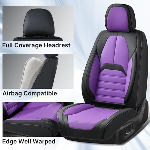 Image of Coverado Car Seat Covers Full Set, Seat Covers for Cars, Automotive Seat Covers, Waterproof Nappa Leather Front Seats and Back Car Seat Protector, Universal Fit for Most Cars SUV Trucks,Black&Purpe