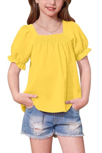 Image of BesserBay Girls Summer Puff Short Sleeve Square Neck Tee Shirts Ruffle Smocked Blouses Cute Swiss Dot Tops 5-14 Years