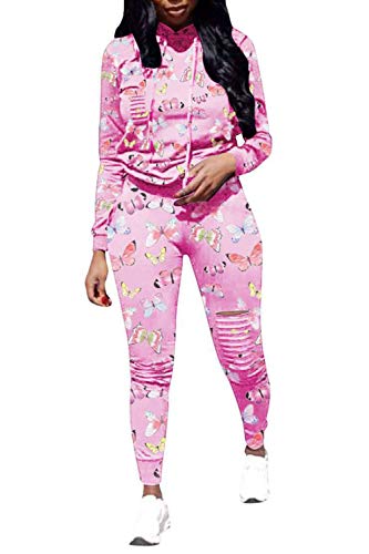 Women Butterfly Print Ripped Hole Pullover Hoodie & Long Pants Set 2 Piece Outfits Tracksuit Sweatpants Sport Jumpsuits (Pink, M)