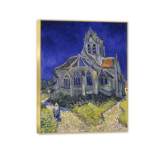 Tableau Église à Auvers Van Gogh toile 90x70 cm, grande peinture encadrée pour habiller un mur vide