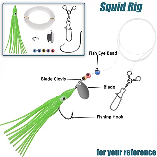 Fishing Squid Rigs Making Kit 161Pcs Fluke Flounder Saltwater Fishing Hoochie Rig, Include Soft Squid Skirt Lure, 3 Way Swivel With Duo Lock Snap, Spinner Blade Clevis, Fishing Octopus Hook Line Beads #TOP3