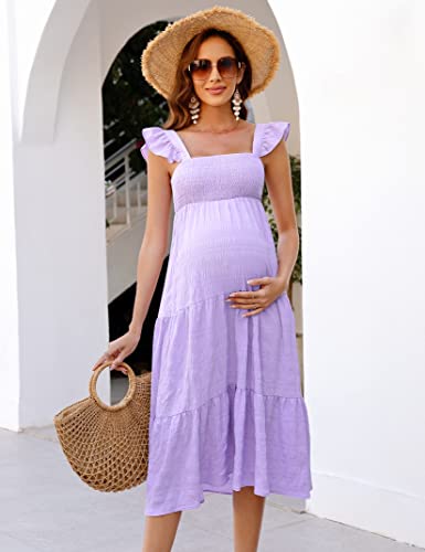Image of KOJOOIN Womens Maternity Dress Summer Sleeveless Smocked Square Neck Ruffle Casual Boho Midi Dress Baby Shower Photoshoot