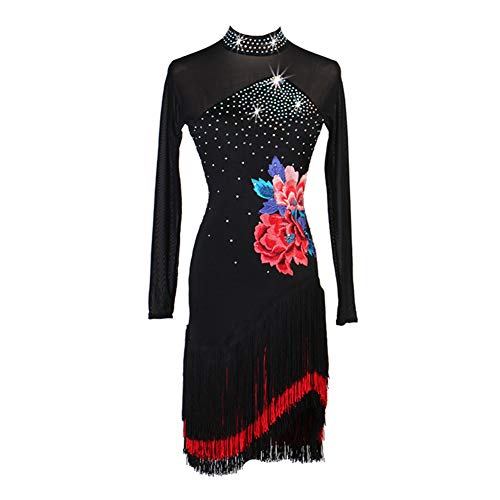 NAKOKOU Women's Latin Dance Dress Floral Pattern Fringe Rumba Samba Tango Lesson Practice Competition Costume(Black,2XL)
