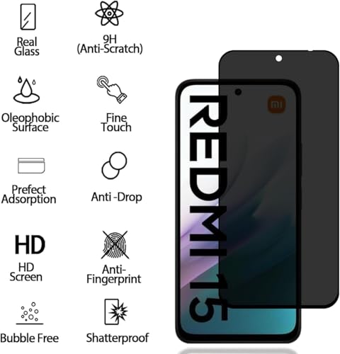 Image of ZARALA Privacy Screen Protector for For Redmi 15 Fingerprint is Not Working Anti-Spy Tempered Glass Film, 9H Hardness, Anti Bubble-Free, Anti-Spy Screen Protector