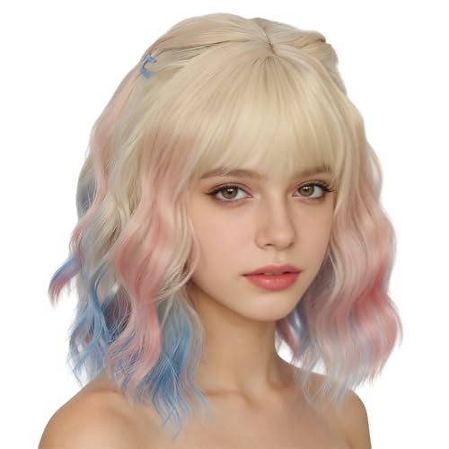 LeMarnia Blonde Short Wavy Curly Powder Blue Side Bangs Wigs