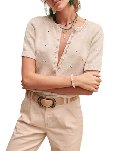 Image of Womens Cardigan Short Sleeve Lightweight Cropped Sweaters 2025 Summer Button Up Shirts Crew Neck Crochet Knit Top