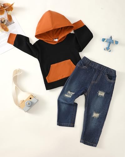 Image of Toddler Boy Clothes Baby Boy Outfit Letter Prints Hoodies Top Ripped Jeans Cute Boys Clothing Set Fall Winter