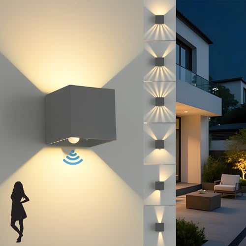 Lámpara LED de pared exterior con sensor de movimiento,aplique pared impermeable para interior,aplique pared de luz blanca cálida Haz de luz ajustable,lámpara de pared dormitorio,escalera,gris oscuro