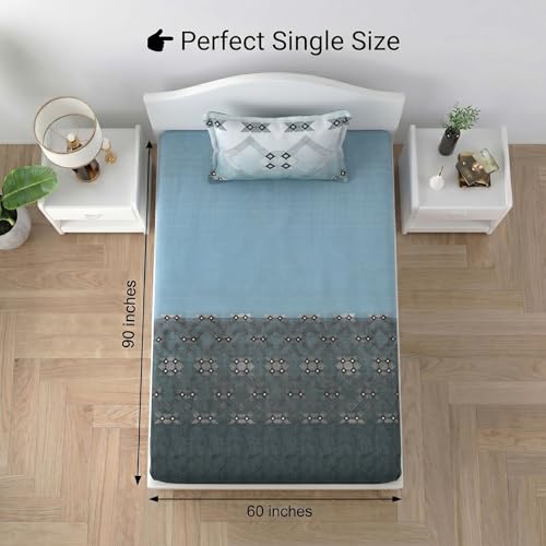Image of Mafatlal 186 TC Autumn Delight Graceful Pure Cotton Single Flatsheet (60 x 90 Inch) | Breathable Summer Comfort | Wrinkle-Free Floral Bedsheet with 1 Pillow Cover, Elegant Blue