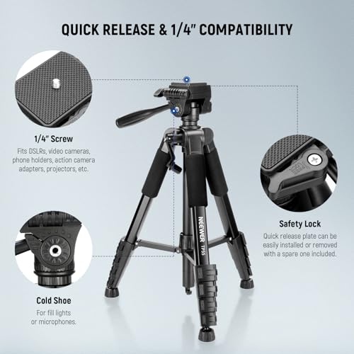 Image of NEEWER BASICS Camera Tripod, 71'' Tripod with Cell Phone Holder Mount Compatible with iPhone for Video Recording, Professional Aluminum Lightweight Portable Travel Stand with 3 Way Pan Tilt Head, TP55