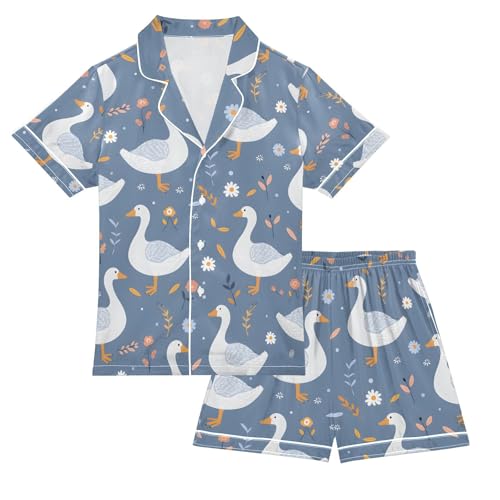 ALAZA Duck Flower Blossom Daisy Pajamas Satin Pajama Set Short Sleeve Button Down Sleepwear
