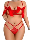 ShawGobow Plus Size Valentines Lingerie,Unwrap Bow Bra And Panty Sets,Sexy Heart Lingeries For Women Christmas Vday Gift Red 1X-Large